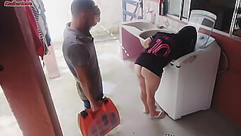 Aroused wife seduces the laundry equipment repairman for an anal encounter while her husband is absent