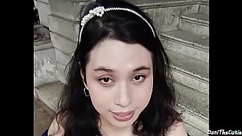 美丽的褐发人妖danithecutie在公共场合展示她的资产。